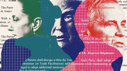 Photo composite illustration of Donald Trump, Mark Carney and Claudia Sheinbaum, and text from the USMCA agreement