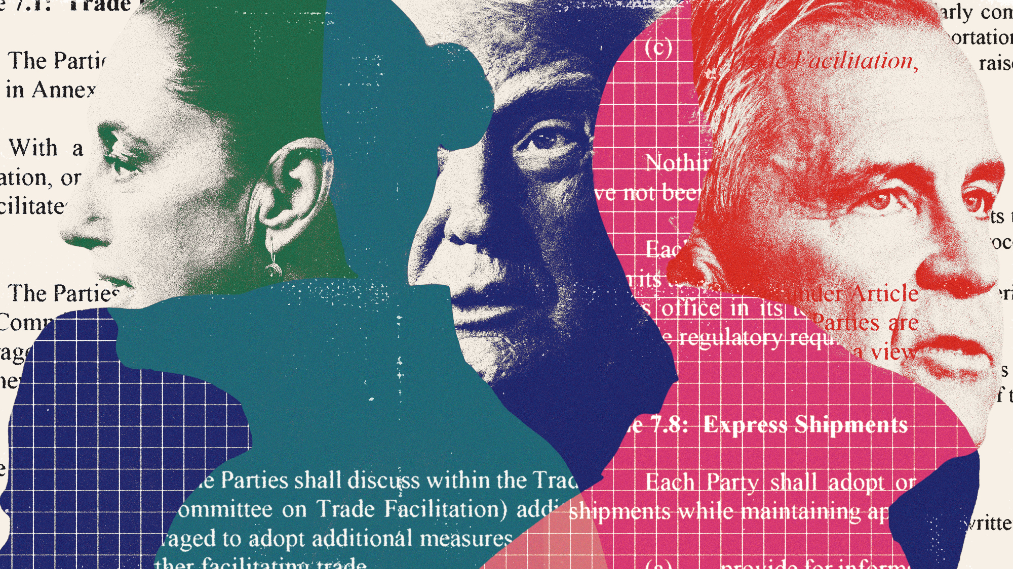 Photo composite illustration of Donald Trump, Mark Carney and Claudia Sheinbaum, and text from the USMCA agreement