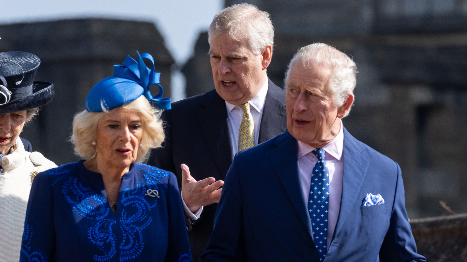 King Charles III arrives with Queen Camilla and Andrew to attend the Easter Sunday church service at St George&#039;s Chapel in Windsor Castle on 9 April 2023