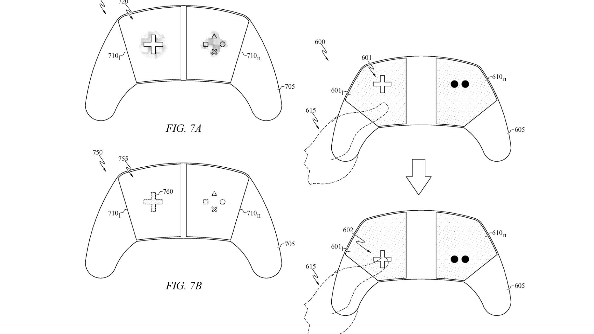 Two drawing images from a granted Sony patent showing a gaming controller with touchscreens instead of buttons