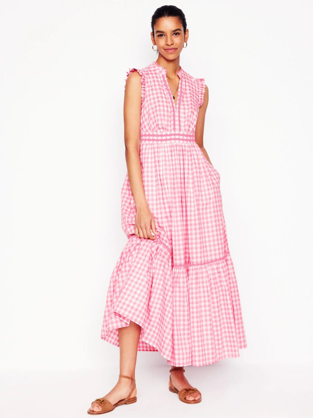Boden gingham dress on model 