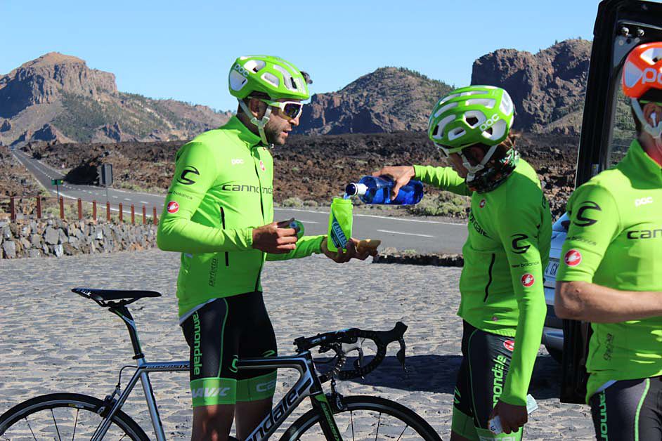 The riders grab something to drink after a long day's ride