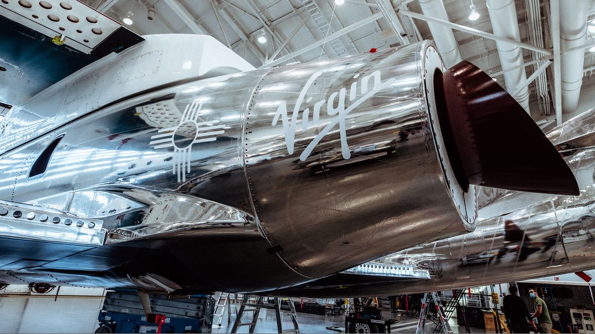 The Zia Sun symbol of New Mexico is seen on the engine of Virgin Galactic's SpaceShipTwo Unity at its hangar in Spaceport America, New Mexico.