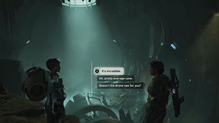 two sci-fi video game characters in a derelict chamber