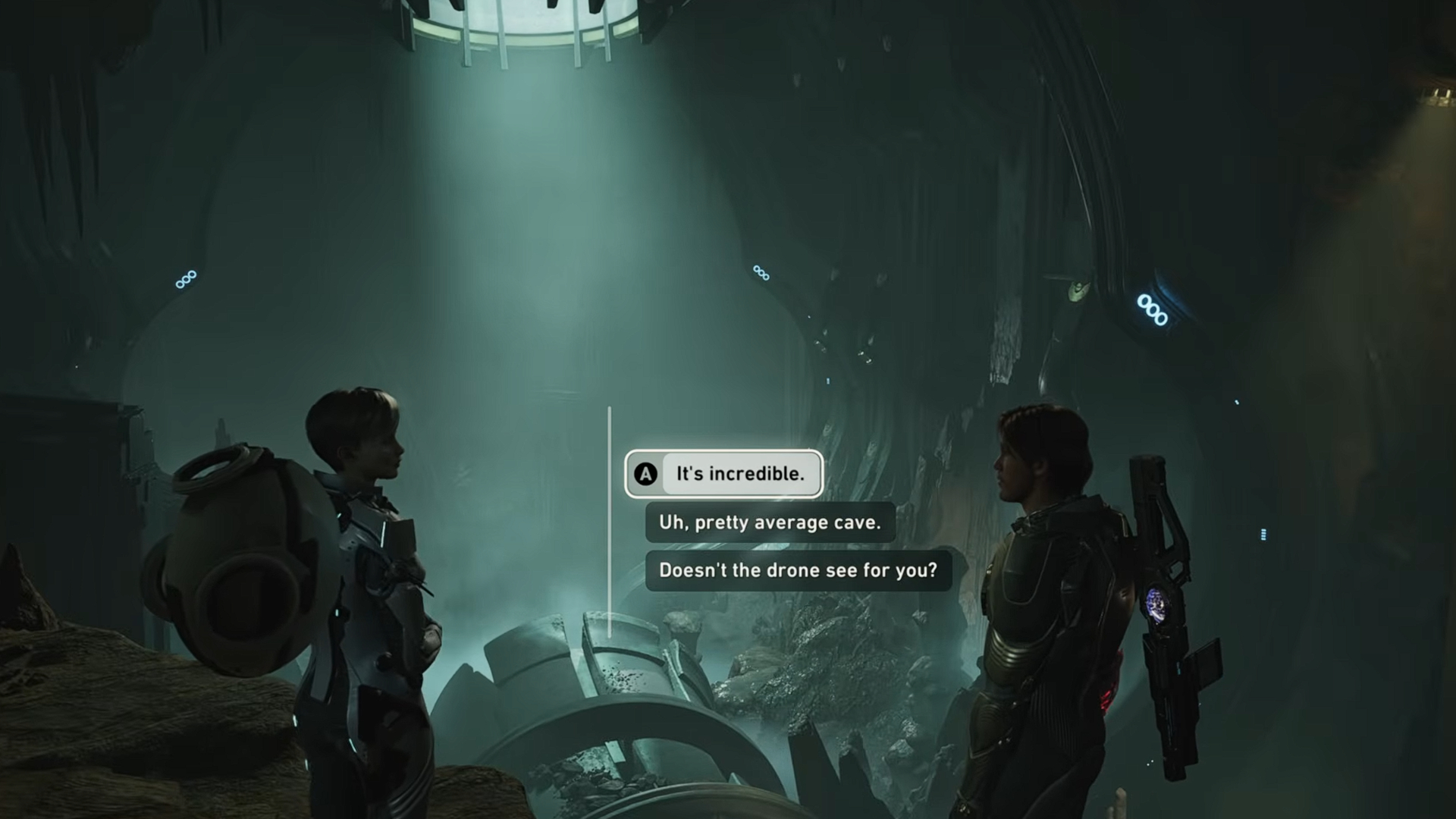 two sci-fi video game characters in a derelict chamber