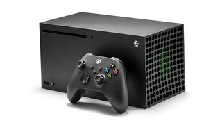 PS5 vs Xbox Series X; a black Xbox Series X and controller on a white background
