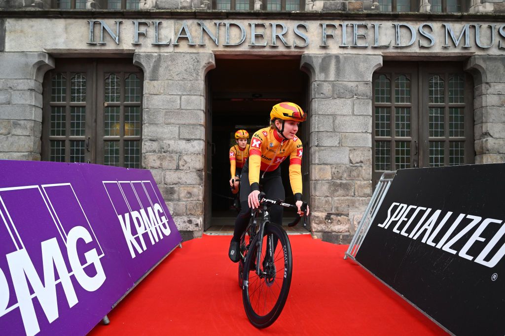 YPRES BELGIUM MARCH 26 Elinor Barker of United Kingdom and UnoX Pro Cycling Team prior to the 12th GentWevelgem In Flanders Fields 2023 Womens Elite a 1625km one day race from Ypres to Wevelgem UCIWWT on March 26 2023 in Ypres Belgium Photo by Luc ClaessenGetty Images