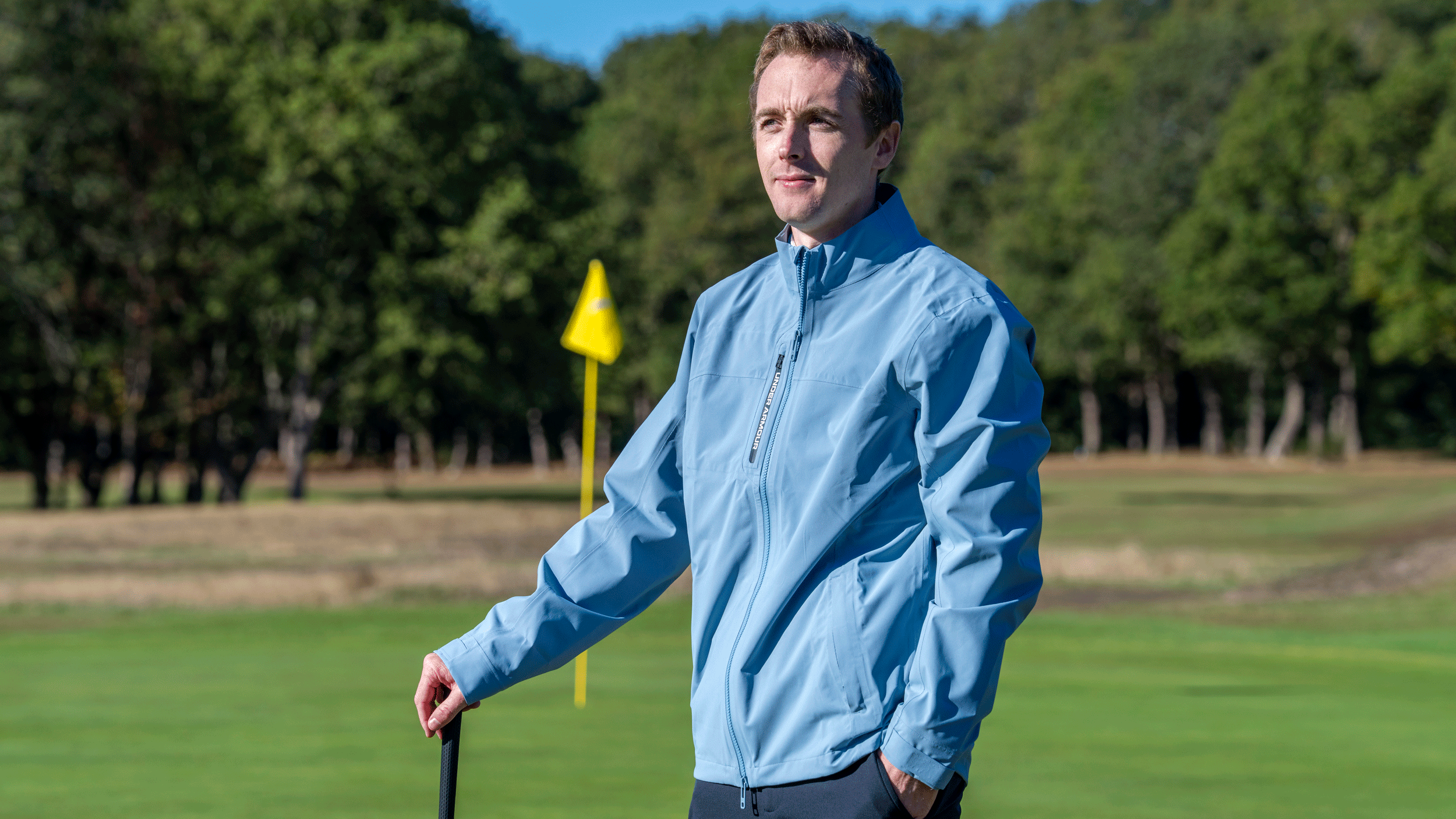 Jonny Leighfield rocking the Under Armour Drive Pro Rain Jacket at Golf Monthly's Autumn/Winter Test Day