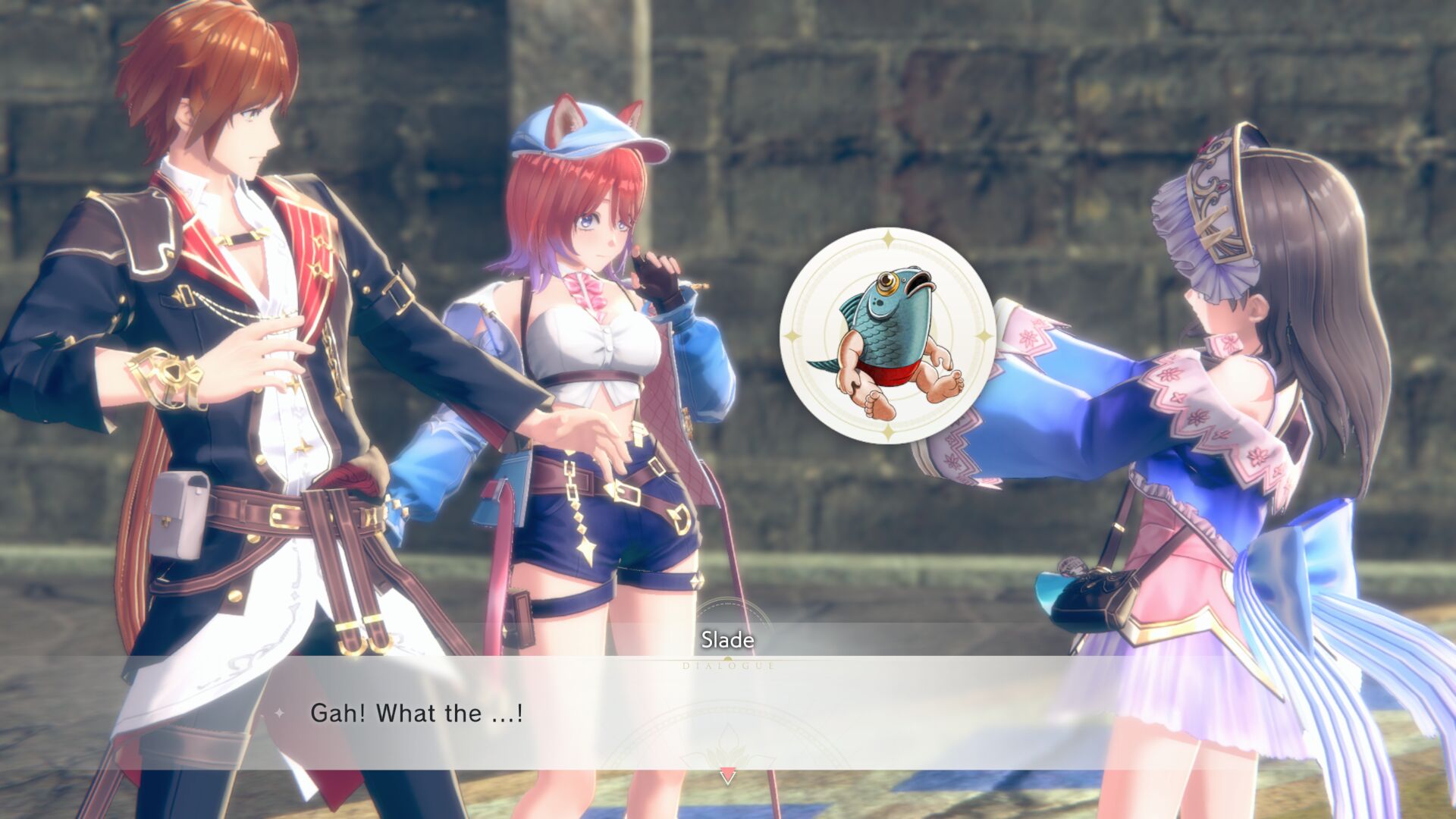 Totori shows Slade and Rias a doll she has made, assembled from fish parts, in Atelier Resleriana: The Red Alchemist &amp;amp; The White Guardian