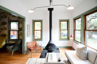 A room with dark green trim