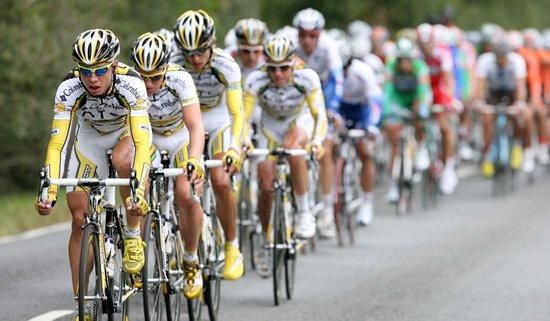 Columbia-HTC in control on the front of the bunch on the way out of Honiton.