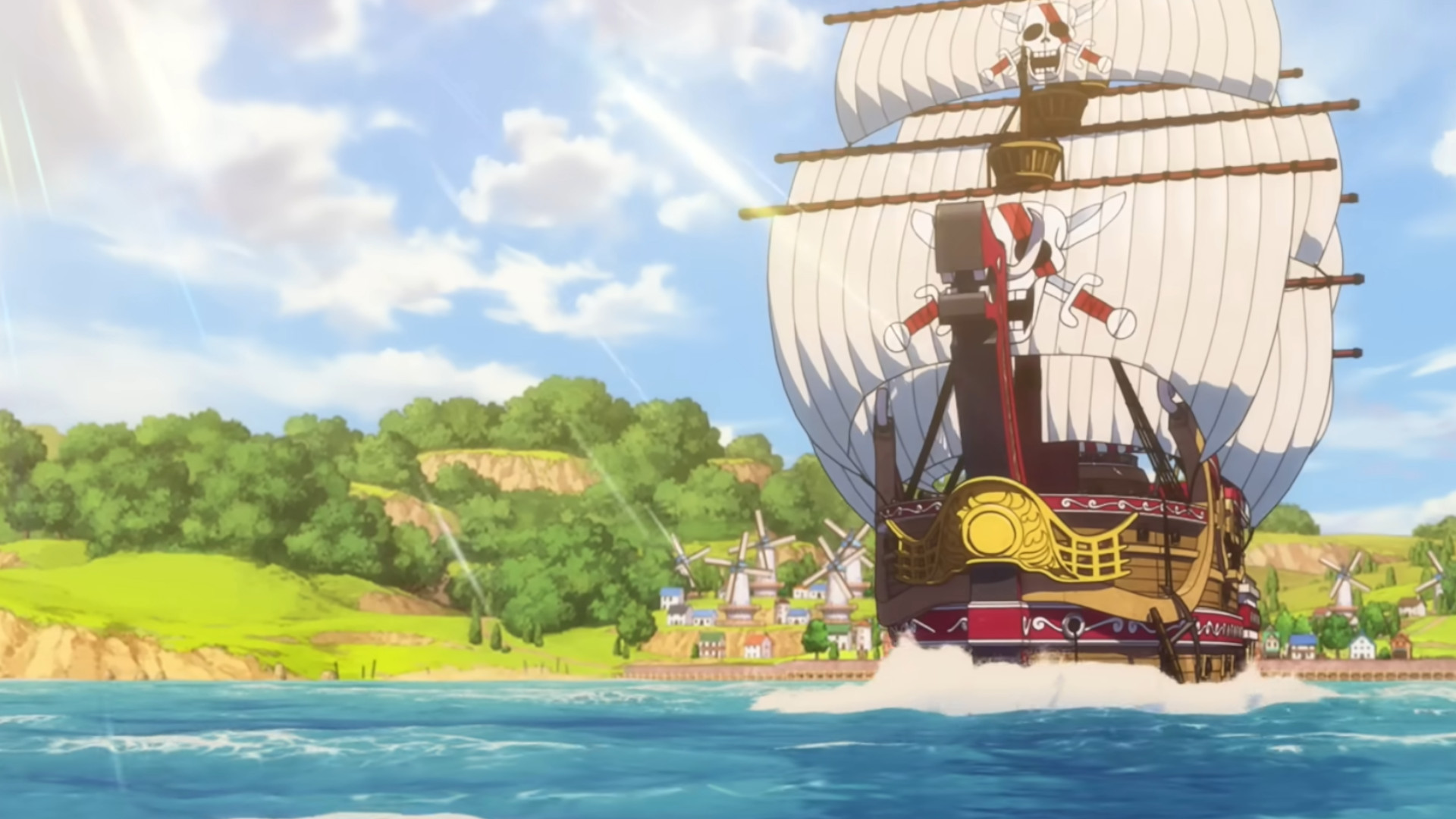 The Red Force ship sailing away from land during a scene in the upcoming anime reboot, The One Piece