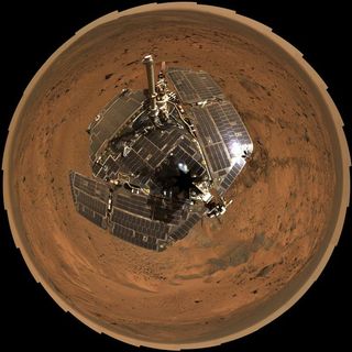 This overhead ‘selfie’ was combined with Spirit’s largest ever panorama - it contains hundreds of individual images of Gusev Crater taken over three Martian days.