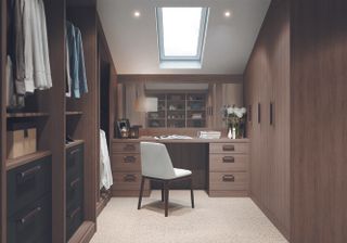 Walk-in closet with dressing table in grey oak finish