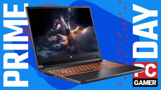 An Acer Nitro V 16 gaming laptop on a blue and red deals background with Prime Day text and the PC Gamer logo running down the sides