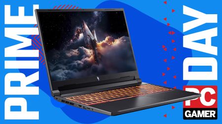 An Acer Nitro V 16 gaming laptop on a blue and red deals background with Prime Day text and the PC Gamer logo running down the sides