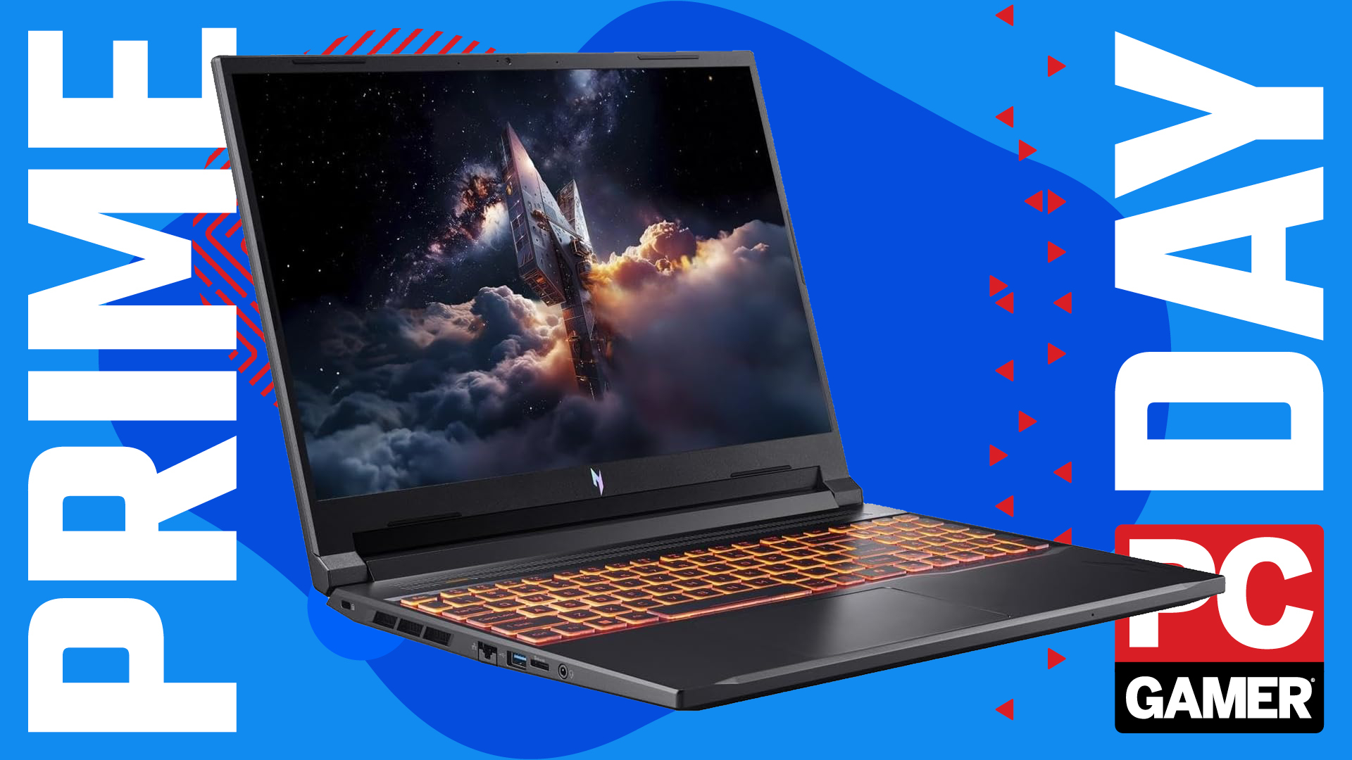An Acer Nitro V 16 gaming laptop on a blue and red deals background with Prime Day text and the PC Gamer logo running down the sides