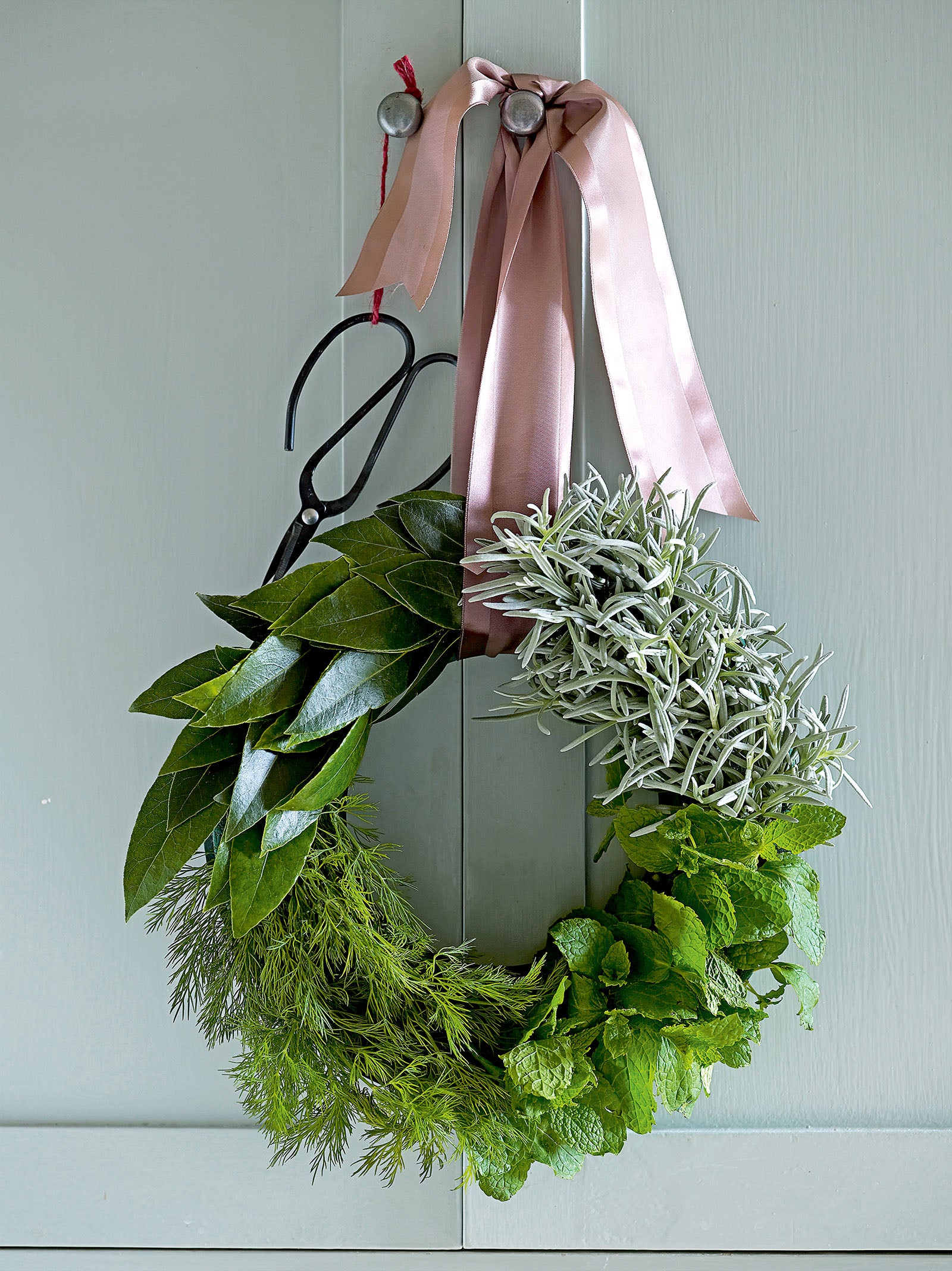 Winter wreath made with a selection of herbs.