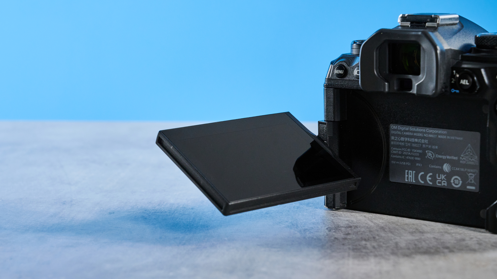 A black OM System OM-1 Mark II Micro Four Thirds mirrorless camera