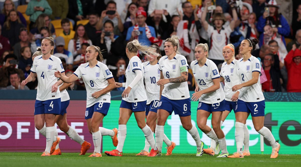 England women players celebrate after a goal at the 2023 Women&#039;s World Cup