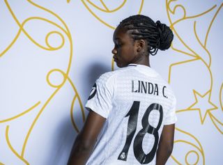 Linda Caicedo of Real Madrid poses for a portrait during the Real Madrid CF Portrait Session nat on October 03, 2024 in Madrid, Spain.