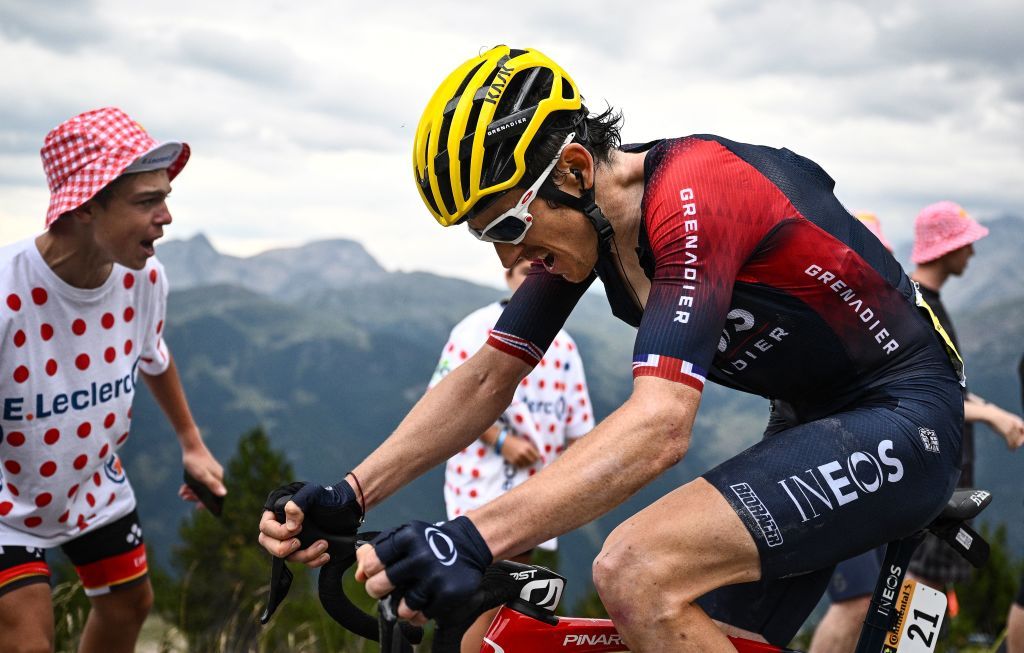 Ineos Grenadiers teams British rider Geraint Thomas cycles in the final kilometers to the finish line of the 11th stage of the 109th edition of the Tour de France cycling race 1517 km between Albertville and Col du Granon Serre Chevalier in the French Alps on July 13 2022 Photo by Marco BERTORELLO AFP Photo by MARCO BERTORELLOAFP via Getty Images