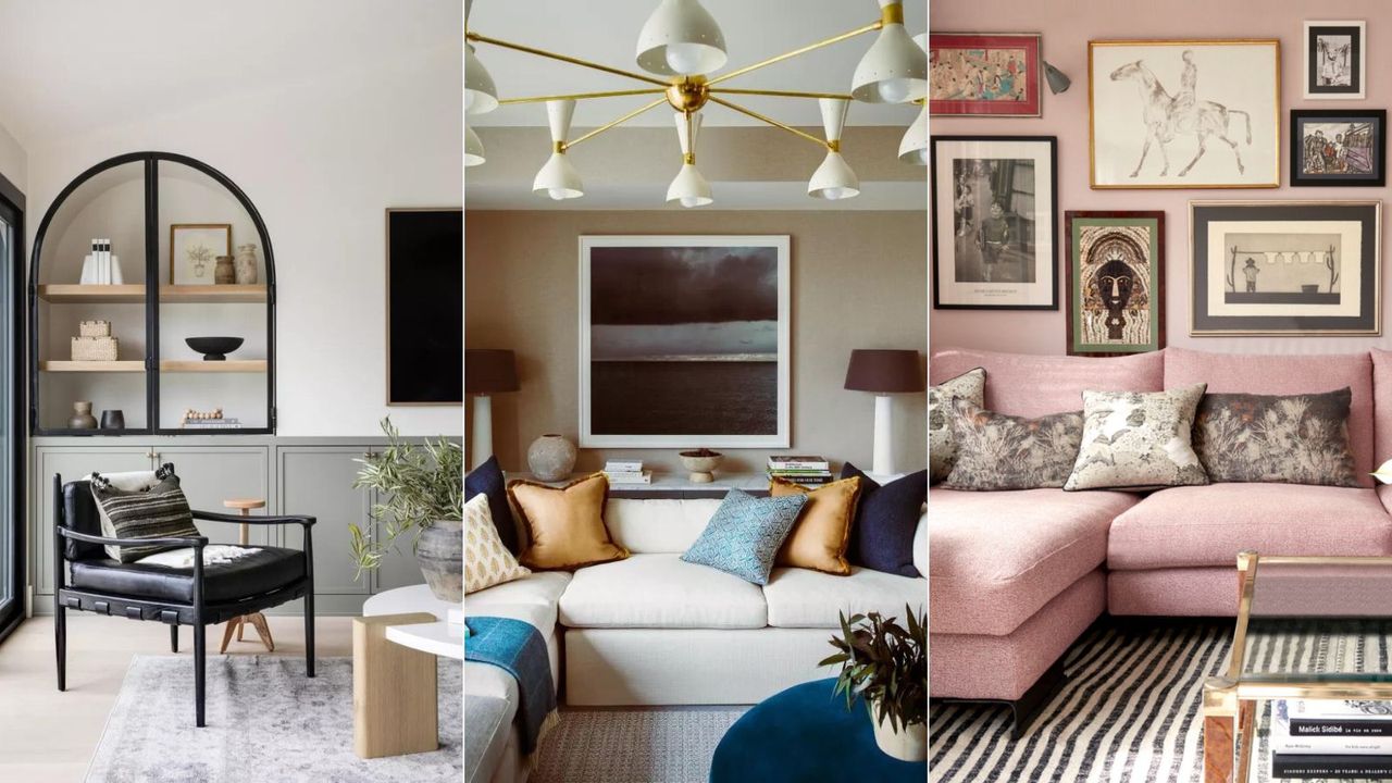 Living room paint colors going out of style. Gray and black living room. Cream and beige living room. Pink living room with gallery wall.