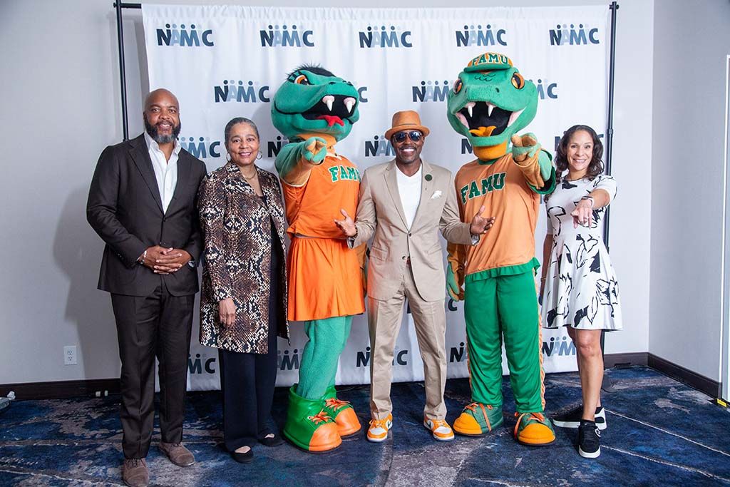 At the NAMIC Conference (from l.): Trymaine Lee, MSNBC correspondent and host of the &lsquo;Into America&rsquo; podcast; Shuanise Washington, president and CEO NAMIC; FAMU mascot &ldquo;Mrs. Venom;&rdquo; Will Packer, president and CEO, Will Packer Productionsl; FAMU mascot &ldquo;Mr. Venom;&rdquo; and Emory Walton, VP, content distribution, A+E Networks.
