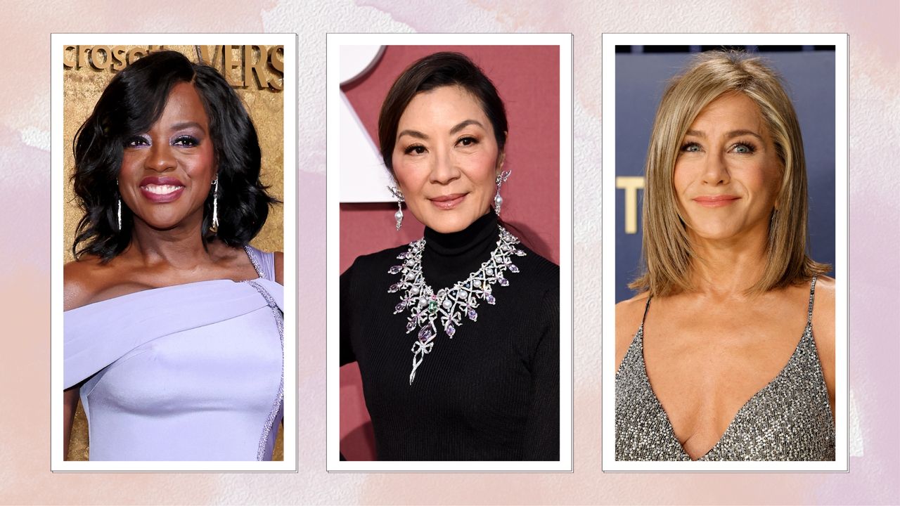 Viola Davis, Michelle Yeoh and Jennifer Aniston are pictured with takes on &quot;sculpted fringes&quot; in a purple and beige watercolour paint-style template