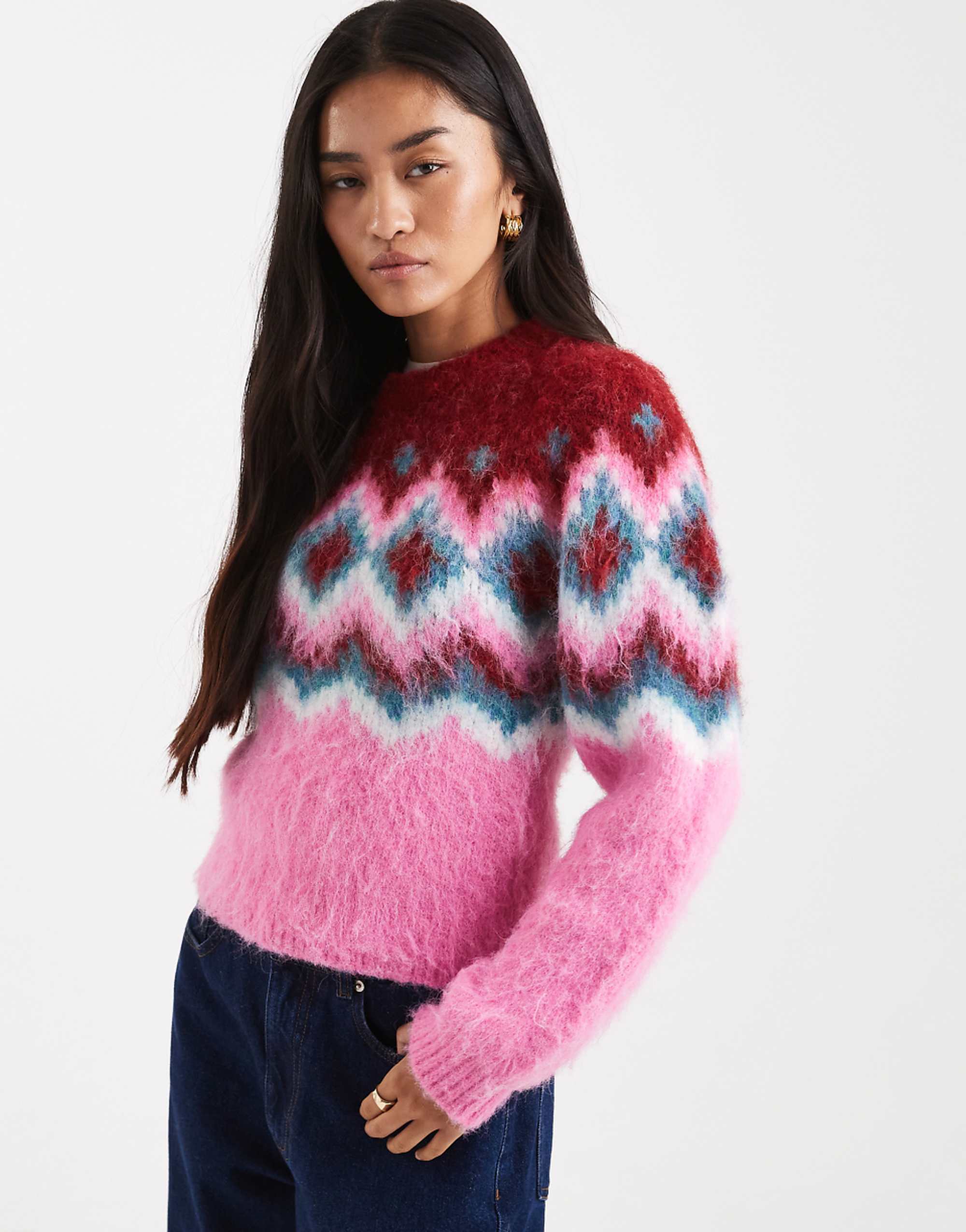 Asos Design Power Shoulder Fairisle Brushed Sweater in Pink