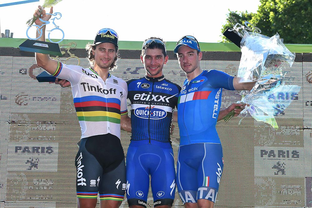 Peter Sagan, Fernando Gaviria and Elia Viviani on the stage 2 podium.
