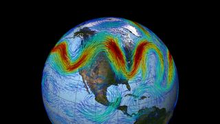 The jet stream that circles Earth's north pole travels west to east. But when the jet stream interacts with a Rossby wave, as shown here, the winds can wander far north and south, bringing frigid air to normally mild southern states.