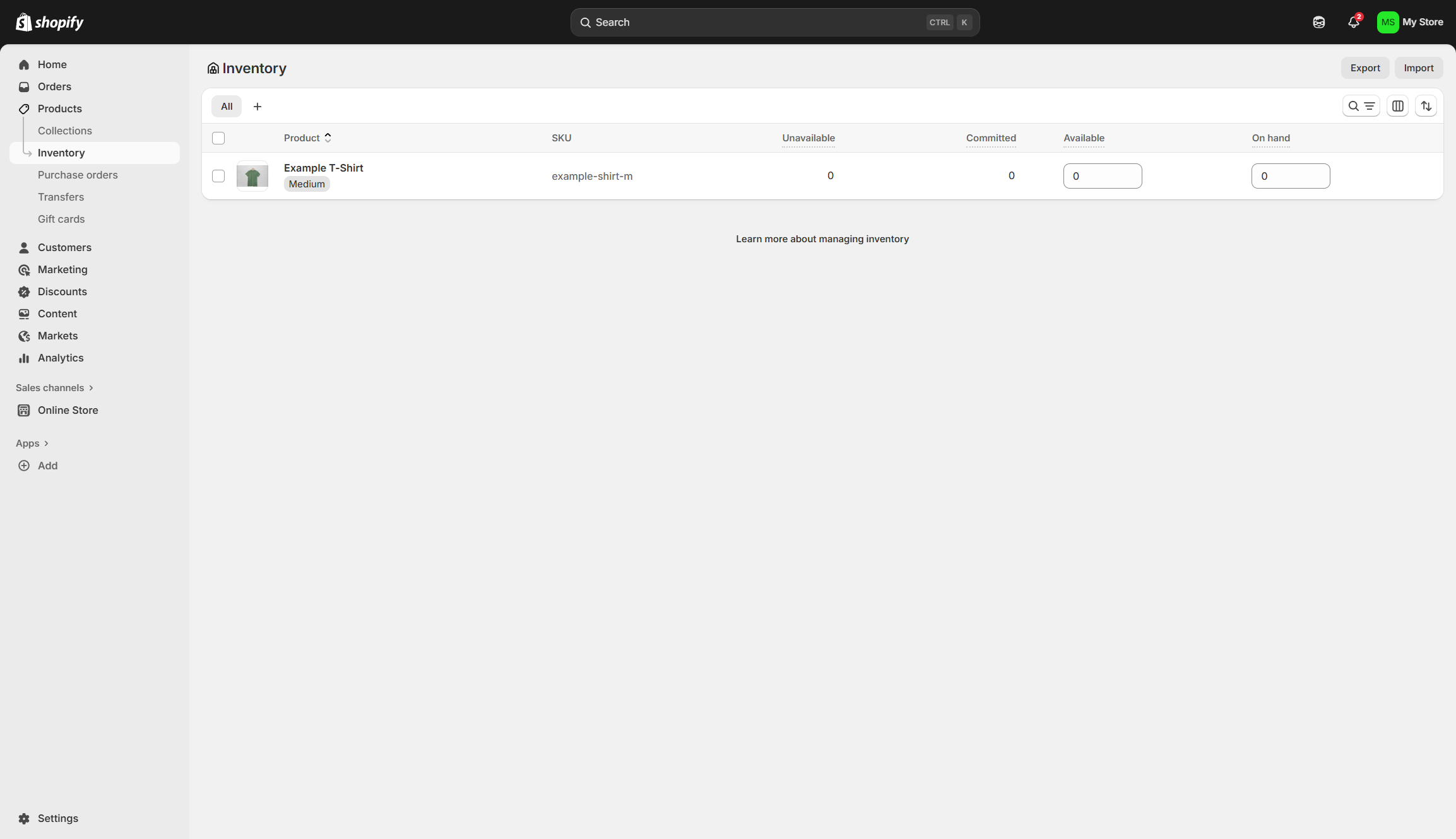 Screenshot of Shopify inventory management dashboard
