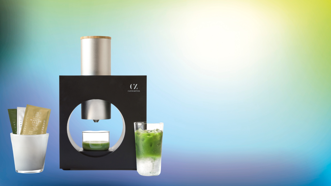 cuzen matcha machine on a colorful background