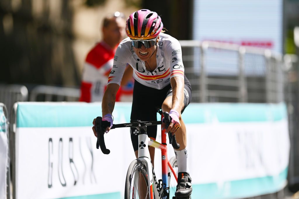 CESENA ITALY JULY 04 Margarita Victoria Garcia Caellas of Spain and UAE Team Adq crosses the finishing line on second place during the 33rd Giro dItalia Donne 2022 Stage 4 a 1209km stage from Cesena Torinese to Cesena Torinese GiroDonne UCIWWT on July 04 2022 in Cesena Italy Photo by Dario BelingheriGetty Images