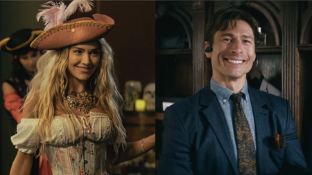 Side by side: Ainsley wearing dress and trifoil hat in Landman Season 2, Becket Redfellow smiling widely wearing suit in How To Make A Killing