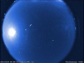 A NASA all-sky camera in Chickamauga, Ga. caught this view of a Geminid meteor during the annual December shooting star show's peak on Dec. 13, 2011.