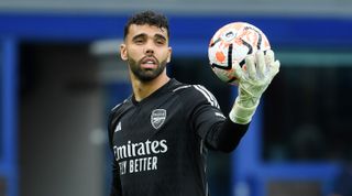 David Raya of Arsenal looks on during the Premier League match between Everton FC and Arsenal FC at Goodison Park on September 17, 2023 in Liverpool, England.