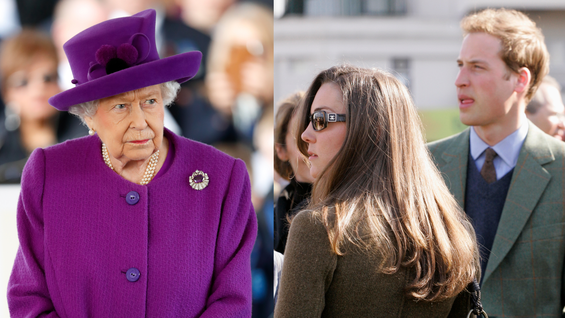Queen Elizabeth wearing a purple coat; Prince William and Princess Kate wearing tweed jackets at the Cheltenham race in 2007