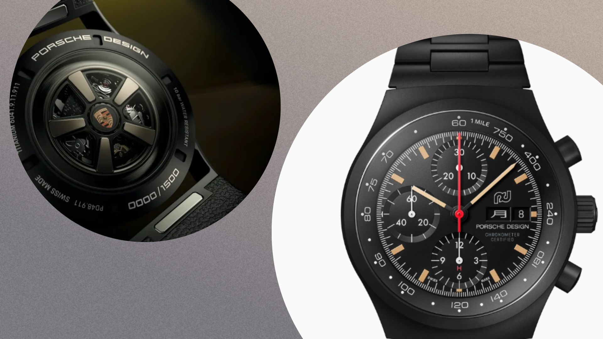 an image of the front and back of the Porsche Chronograph 1 watch against a grey gradient background