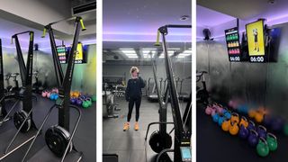 Health Editor Grace Walsh standing in Circuit Society studio with ski ergs, running machine, and colorful kettlebell weights