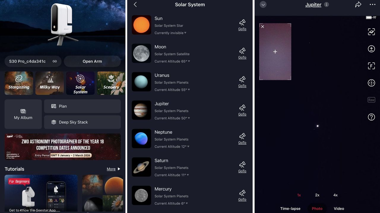 screenshots fro the ZWO SeeStar S30 Pro app