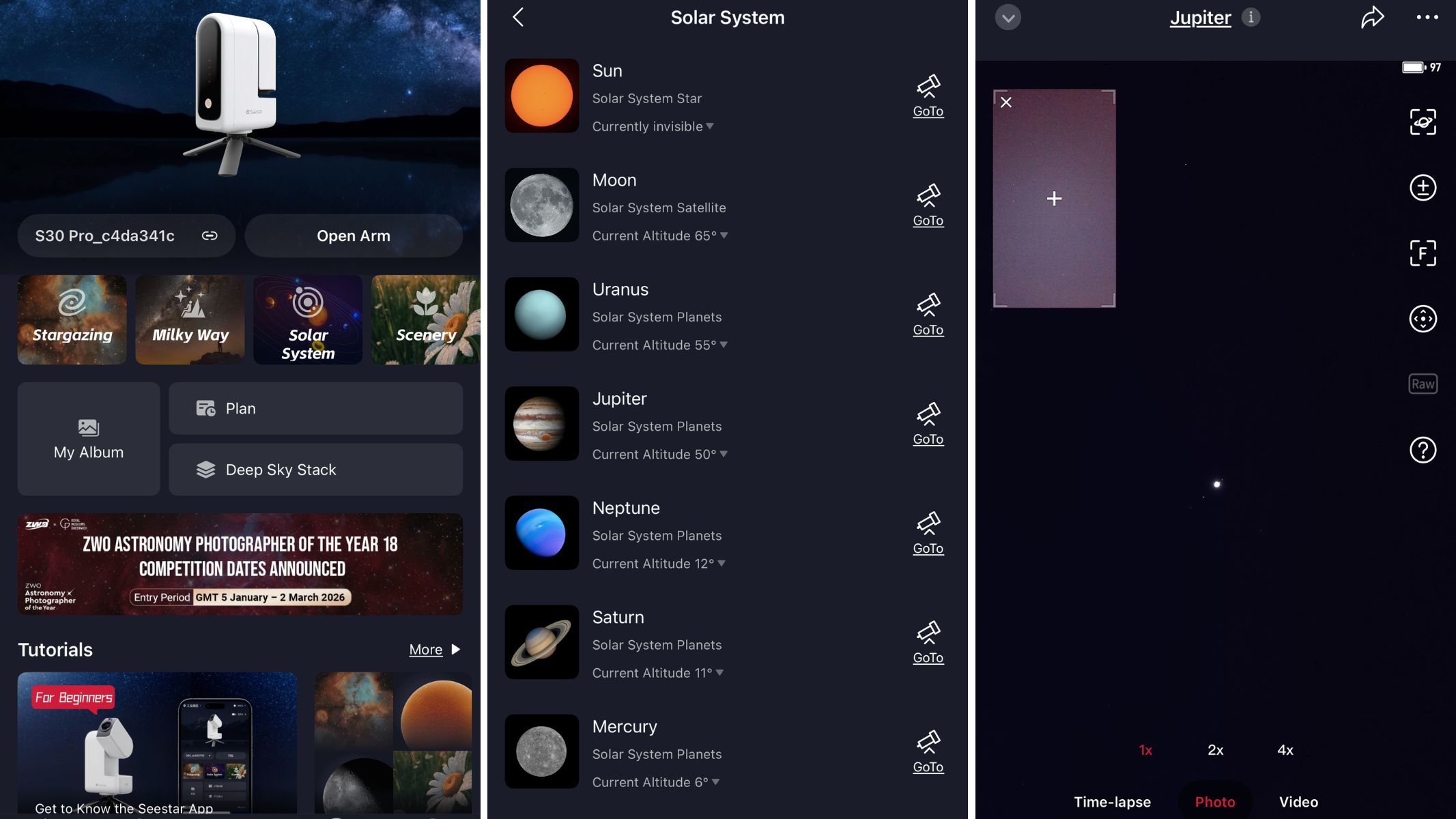 screenshots fro the ZWO SeeStar S30 Pro app