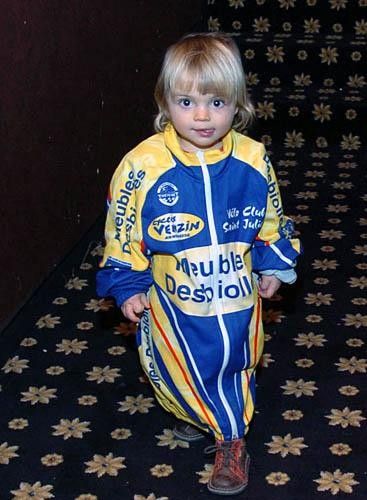 Isn't that a little big for you? A Team Proi F&eacute;minin du Genevois jersey doubles up as bedtime clothing for this little fan