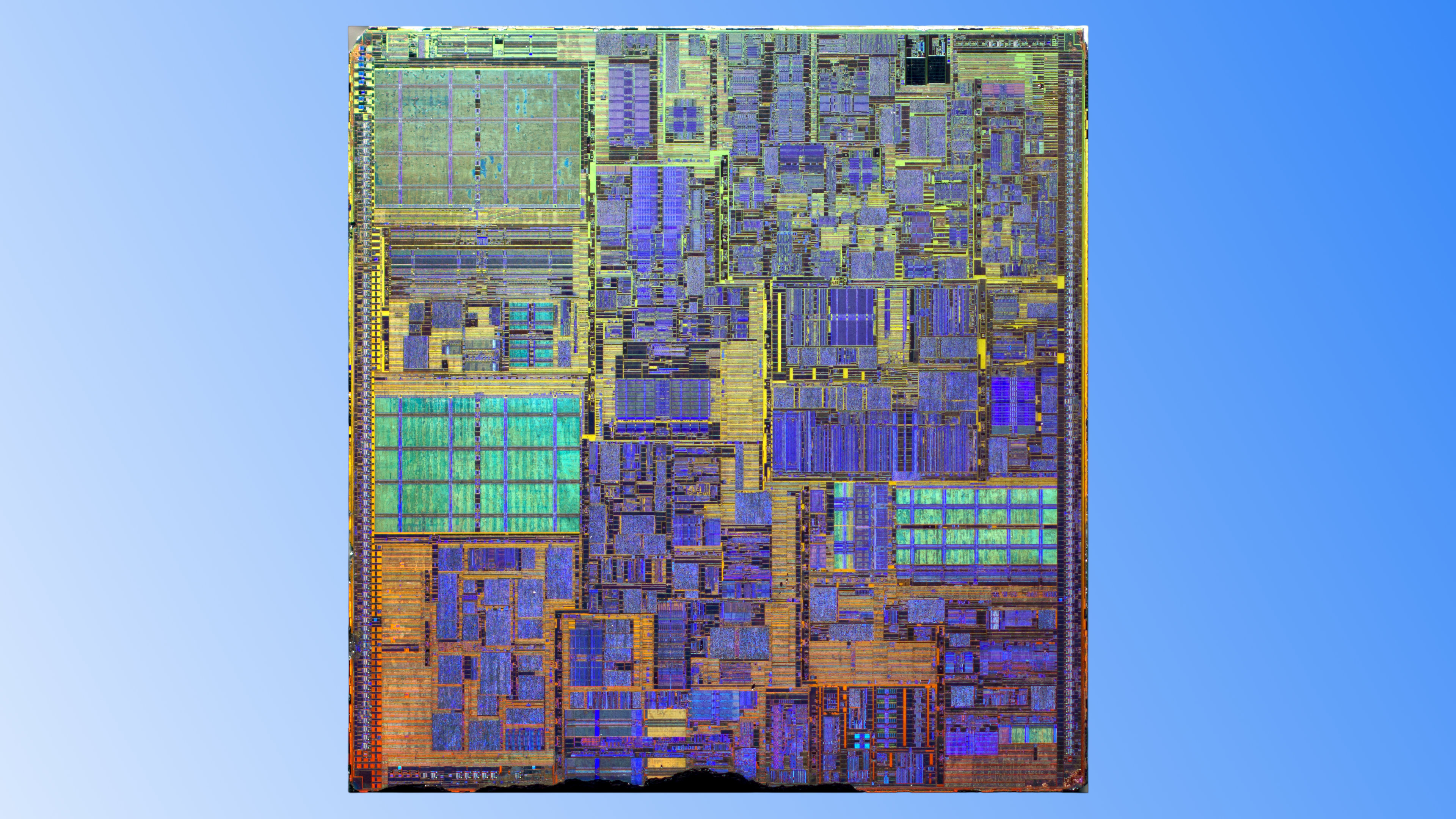 A die shot photo of an Intel Pentium 4 processor, as created by Fritzchens Fritz, against a gradient blue background