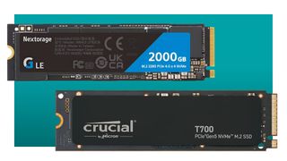 A pair of Crucial and Nextorage M.2 SSDs against a teal background with a white border