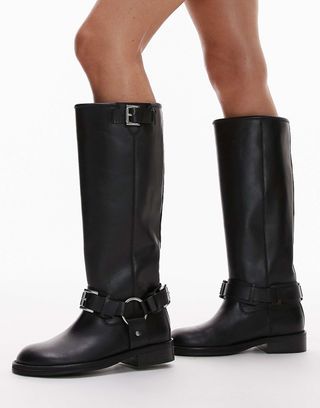 Topshop Tee Premium Leather Knee High Biker Boots in Black