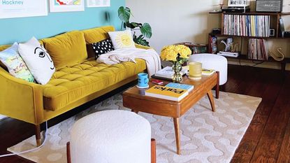 Colorful living room with a wooden coffee table