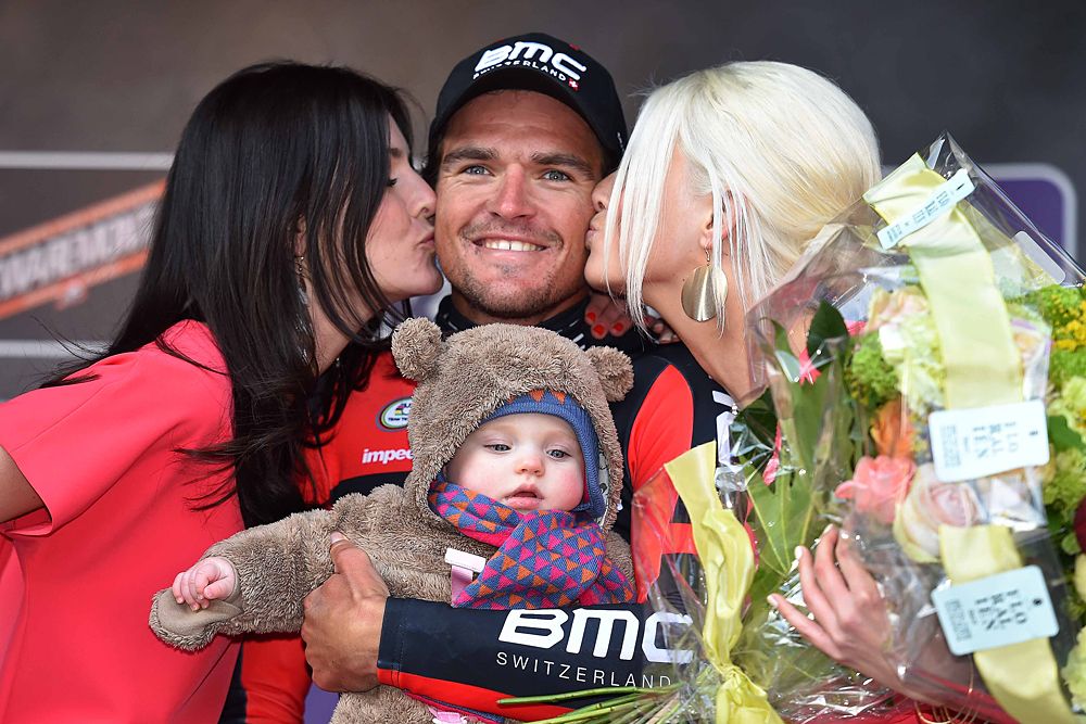 Greg Van Avermaet's child gets the cutest baby award on the podium at Omloop Het Nieuwsblad