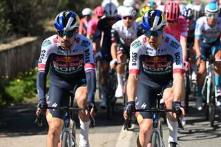 Primoz Roglič and Jan Tratnik (r) earlier in the 2025 season